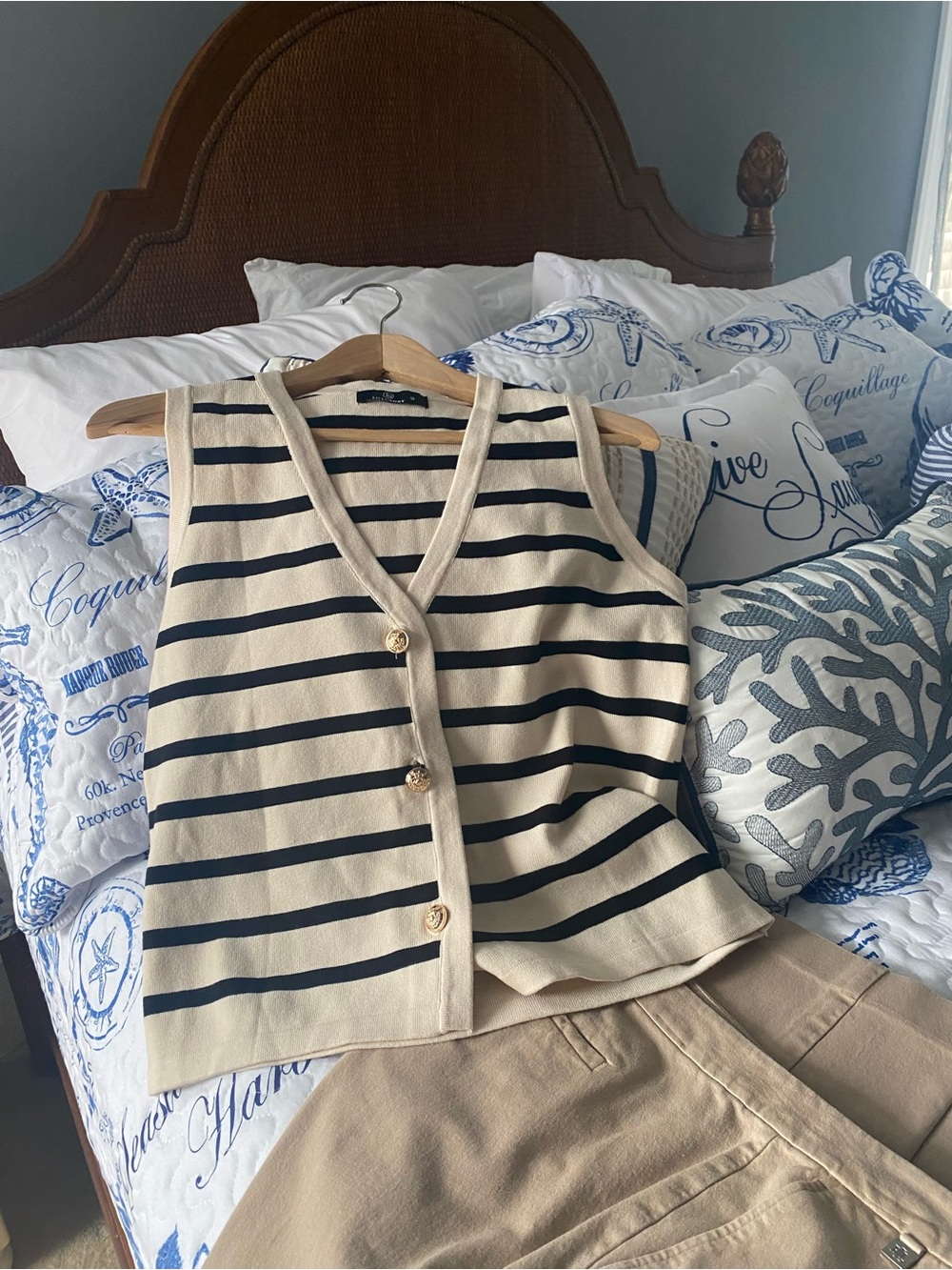 Striped Cream & Black Button-Front Knit Vest